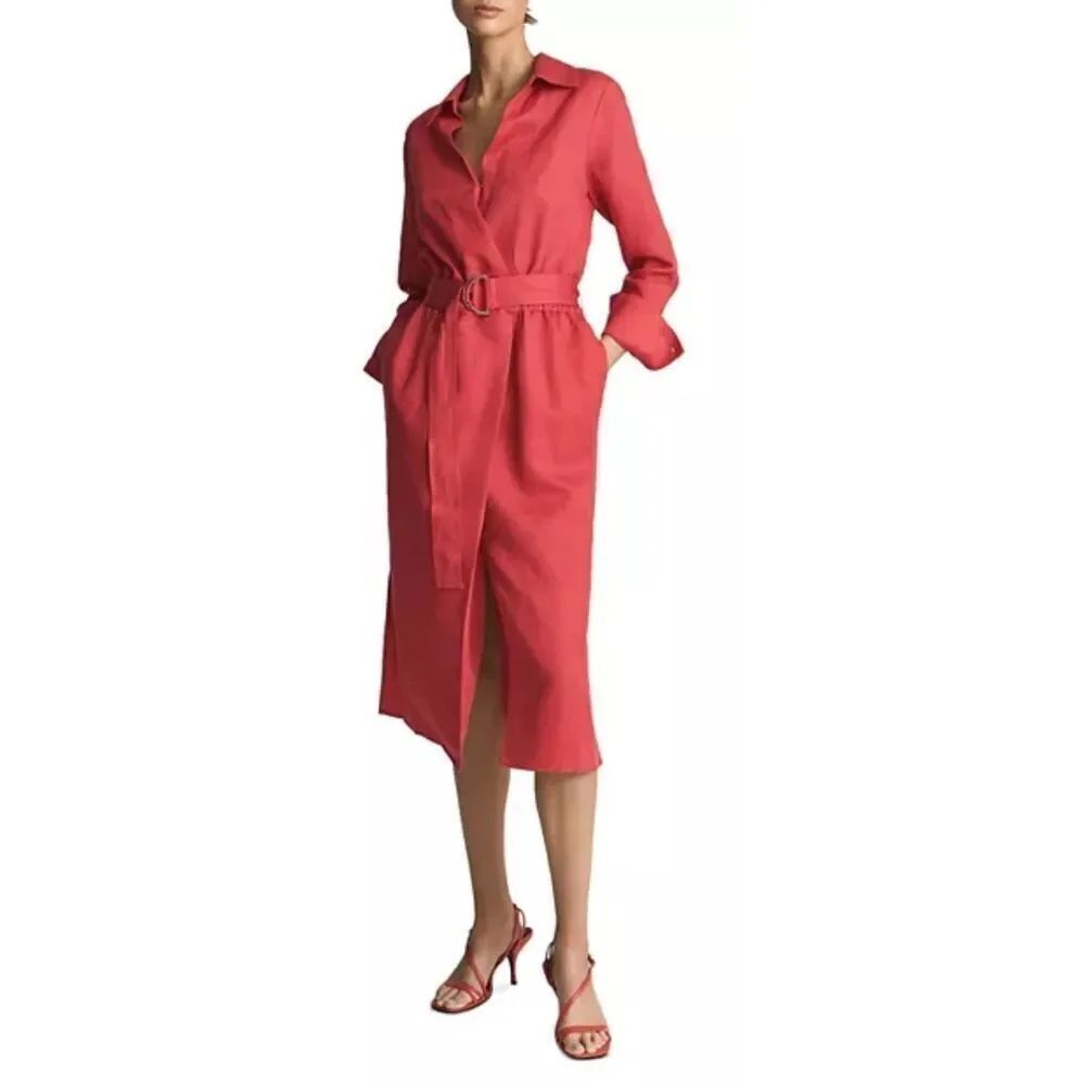REISS Emily Belted Shirt Dress in Coral NWOT Size 4
